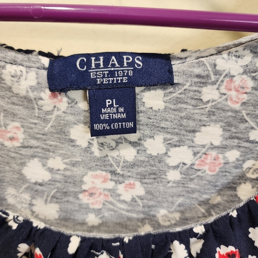 Chaps navy floral ruffled neck sleeveless 100% cotton size PL - Picture 7 of 9